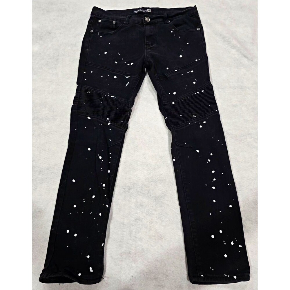 Blue Cult Men's 32 Biker Jeans Black Paint Splatter Ribbed Moto Streetwear Slim